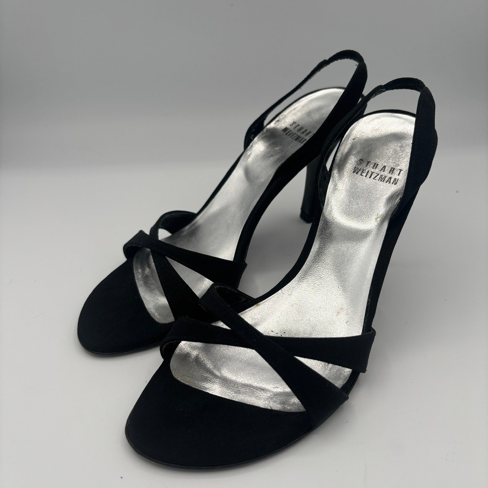 Stuart Weitzman Strappy Sandals Sz 7 Black Slingback Kitten Stiletto Heels Y2K